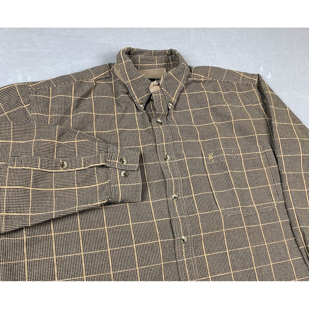 Browning Shirt XL Beige Herringbone Check Long Sleeve Button Down Heavy Hole*